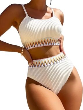 Women's White Ribbed High-Waist TicToc Bikini Set Zigzag Trim 2 Piece Small